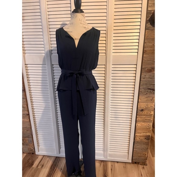 BCBGMaxAzria Pants - BCBGMAXAZRIA Navy Blue Peplum Sleeveless Jumpsuit V-Neck Tie Waist Small